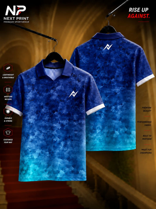 Next Print Ocean Mosaic Blue Premium Polo Collar Dry Fit Sports Jersey Front and Back View with Navy and Aqua Abstract Mosaic Pattern