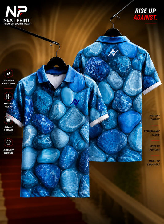 Ocean pebble blue pattern polo collar V-neck sports jersey with premium dry-fit fabric, front and back view by Next Print.
