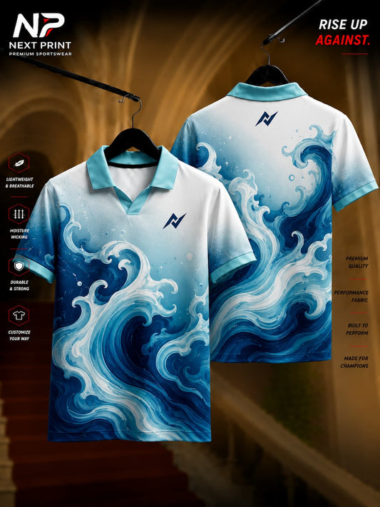 Front and back view of a white and blue ocean wave polo collar V-neck cricket jersey with artistic water-inspired graphics by Next Print.