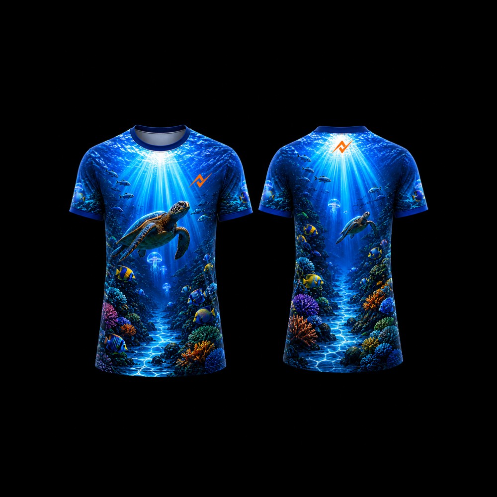 Next Print Ocean Turtle 3D sublimation round neck sports jersey featuring underwater sea turtle, coral reef, and front and back views on black background.