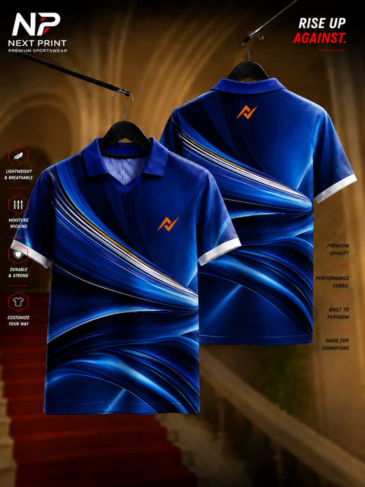 Next Print ocean wave blue polo collar cricket jersey with premium dry-fit fabric featuring dynamic blue wave graphics, front and back view.