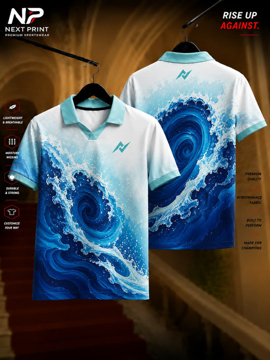 Front and back view of a white and blue ocean wave polo collar V-neck cricket jersey with custom sportswear design by Next Print.