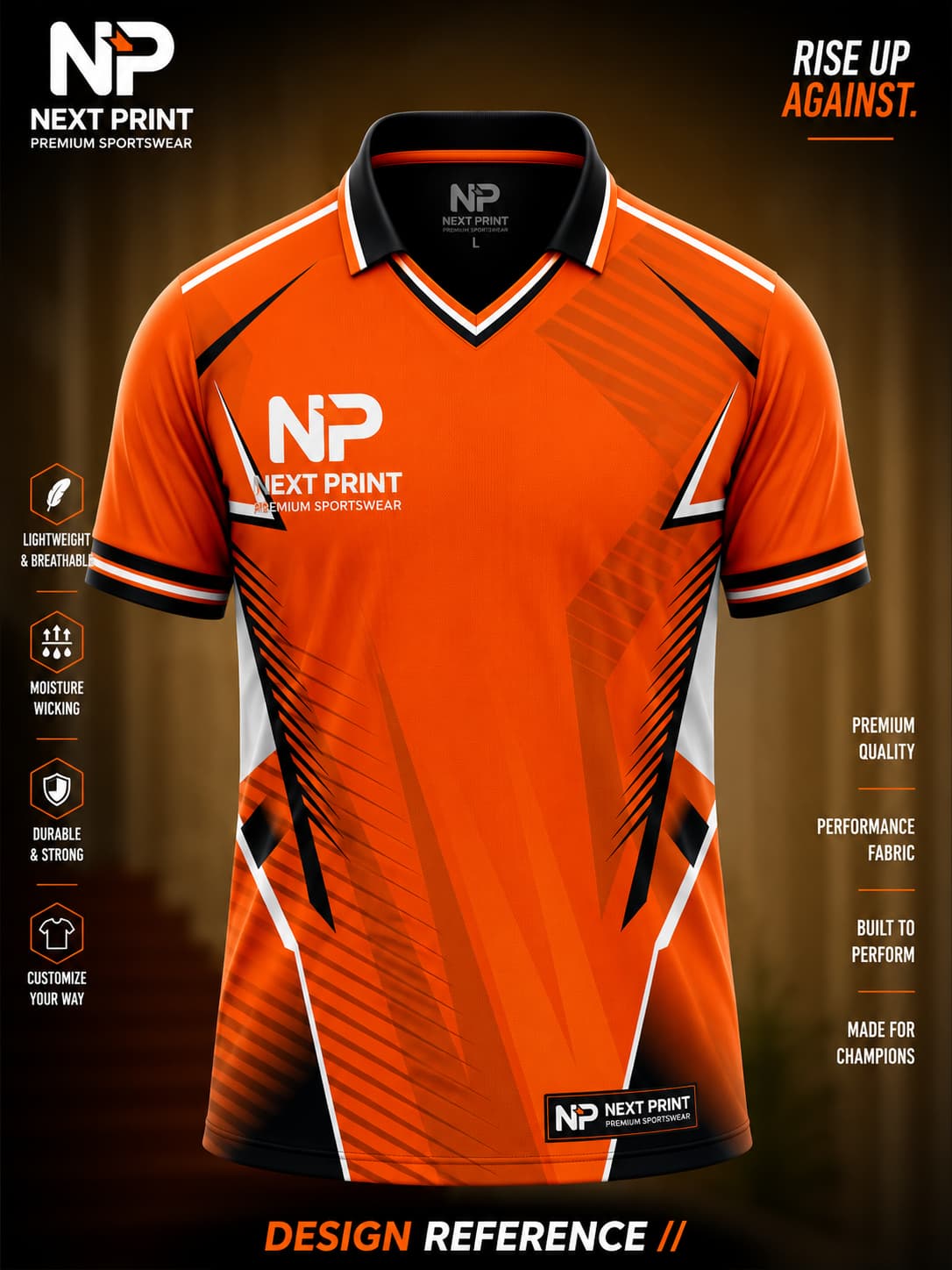 Front view of Next Print orange and black performance polo cricket jersey featuring modern geometric graphics and premium sublimation sportswear.