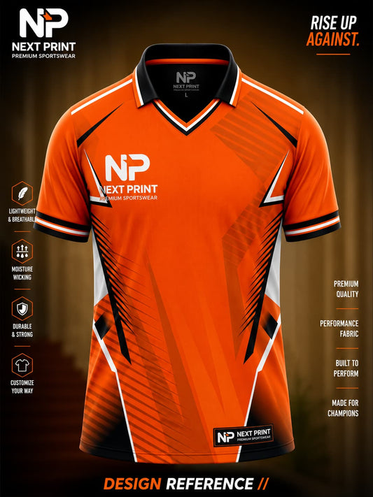 Front view of Next Print orange and black performance polo cricket jersey featuring modern geometric graphics and premium sublimation sportswear.