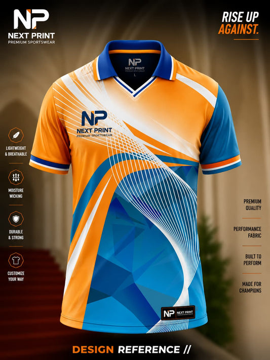 Front view of Next Print orange and blue abstract polo cricket jersey featuring geometric graphics and premium sublimation sportswear.