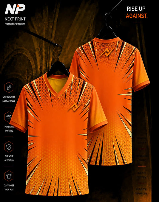 Orange comic burst sublimation V-neck sports jersey front and back mockup by Next Print