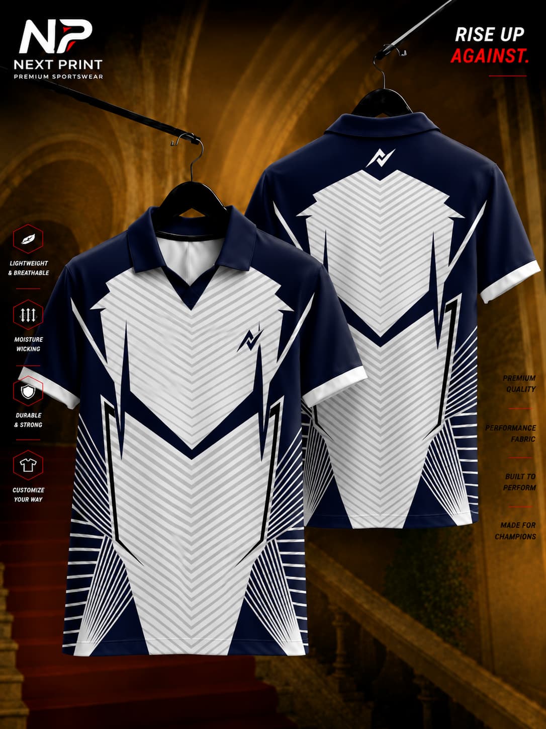 Next Print Phantom Strike Polo Collar Performance Jersey featuring a white center panel with navy blue geometric graphics shown in front and back views.
