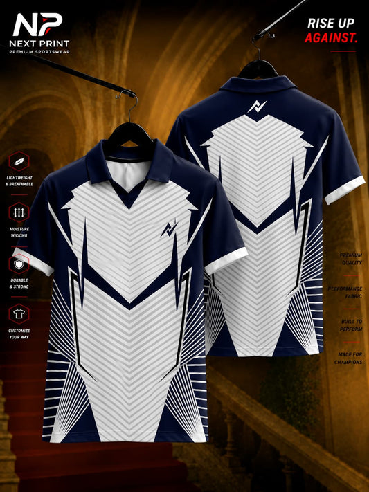 Next Print Phantom Strike Polo Collar Performance Jersey featuring a white center panel with navy blue geometric graphics shown in front and back views.