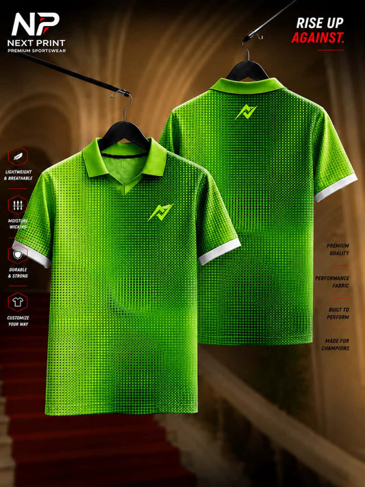 Next Print Pixel Matrix green premium polo sports jersey featuring digital dot texture, dry-fit performance fabric, and modern athletic styling.