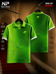 Next Print Pixel Matrix green premium polo sports jersey featuring digital dot texture, dry-fit performance fabric, and modern athletic styling.