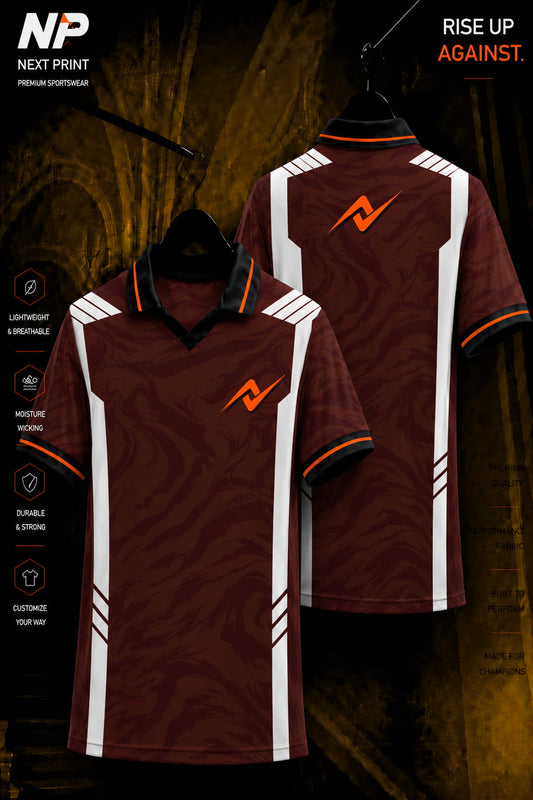 Premium maroon sublimation polo sports jersey with white side panels and front & back views by Next Print