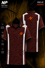 Premium maroon sublimation polo sports jersey with white side panels and front & back views by Next Print
