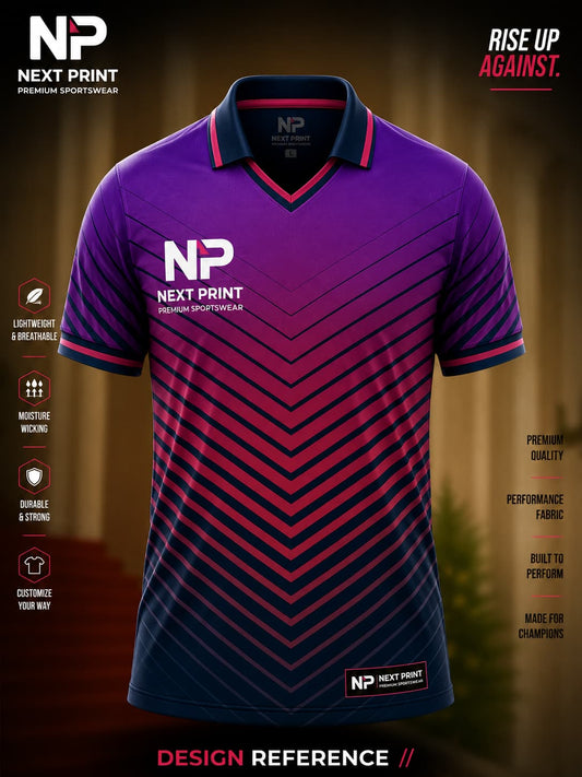 Front view of Next Print purple and navy chevron polo cricket jersey featuring gradient colors, bold V-shaped stripes, and premium sublimation sportswear.