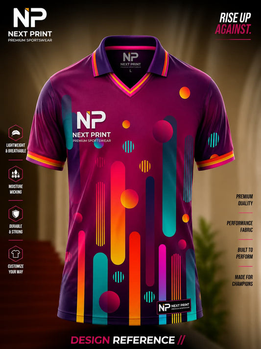 Front view of Next Print purple neon abstract polo cricket jersey featuring colorful vertical graphics and premium sublimation sportswear.