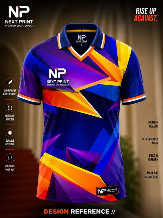 Front view of Next Print purple and orange geometric polo cricket jersey featuring vibrant abstract graphics and premium sublimation sportswear.