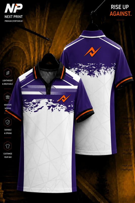 Purple and white premium sublimation polo sports jersey front and back mockup with Next Print logo.