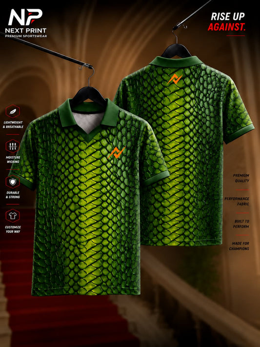 Front and back view of Next Print Python Scale green polo sports jersey featuring a premium reptile-scale texture with performance dry-fit fabric.