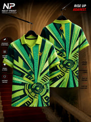 Front and back view of Next Print green radial burst geometric polo sports jersey made with premium dry-fit performance fabric.