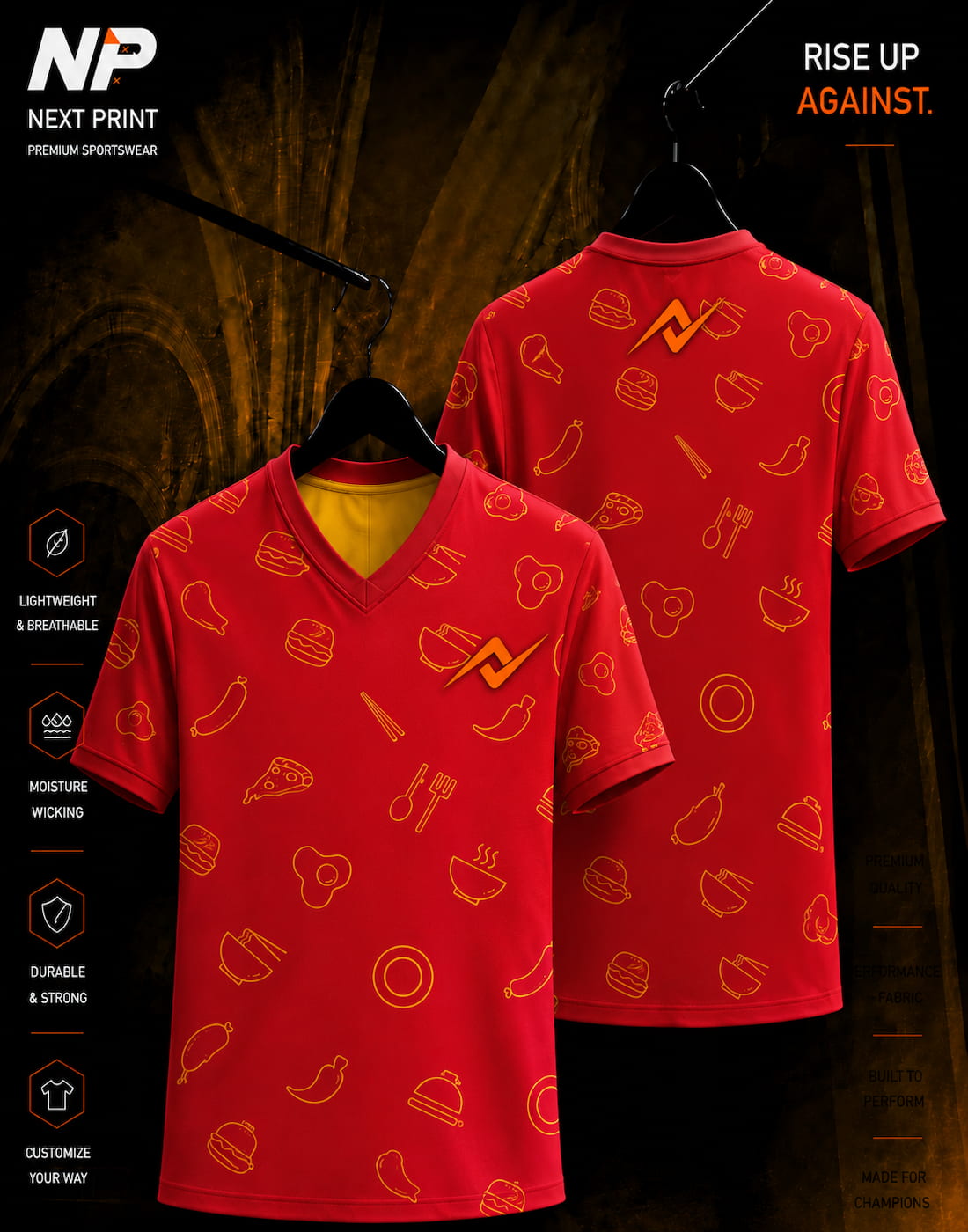 Next Print Red Food Pattern Premium V-Neck Esports Jersey Front and Back Mockup