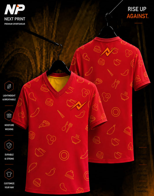 Next Print Red Food Pattern Premium V-Neck Esports Jersey Front and Back Mockup