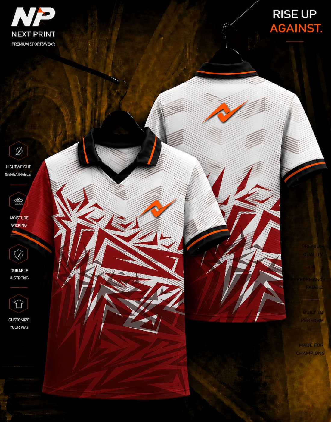 Next Print premium red and white geometric sublimation polo jersey front and back mockup with custom logo