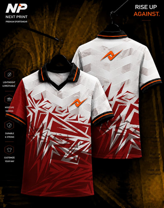 Next Print premium red and white geometric sublimation polo jersey front and back mockup with custom logo