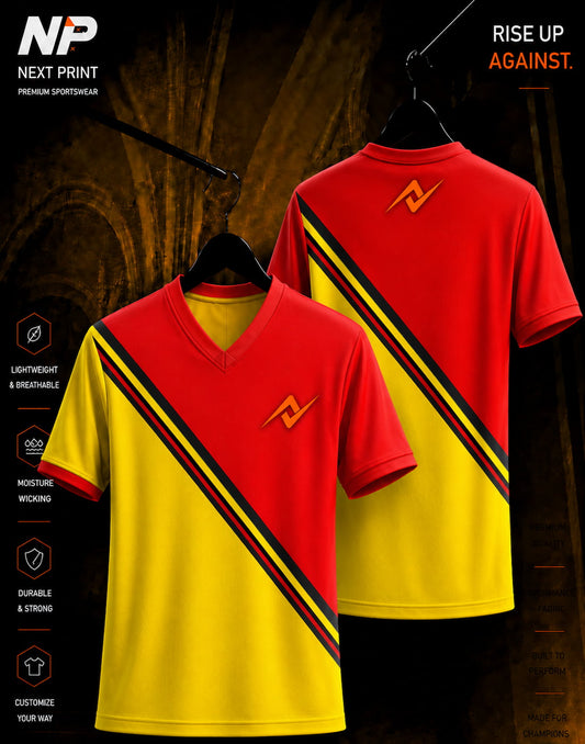 Next Print premium red and yellow diagonal stripe custom sublimation sports jersey front and back mockup