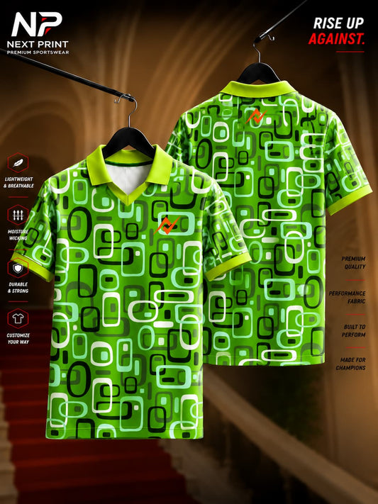 Front and back view of Next Print Retro Geo Fusion polo sports jersey featuring a green geometric retro pattern with premium dry-fit performance fabric.