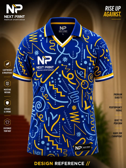 Front view of Next Print royal blue abstract pattern polo cricket jersey featuring yellow and sky-blue graphic artwork with premium sublimation sportswear.