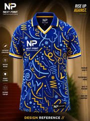 Front view of Next Print royal blue abstract pattern polo cricket jersey featuring yellow and sky-blue graphic artwork with premium sublimation sportswear.