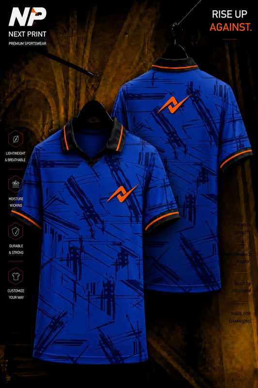 Next Print premium royal blue abstract polo sublimation sports jersey front and back mockup