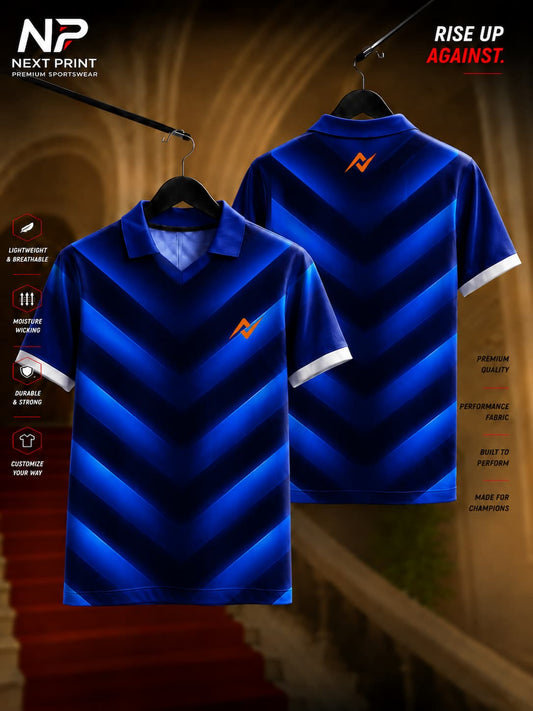 Royal blue polo collar dry-fit sports jersey featuring bold chevron stripe graphics with front and back views by Next Print.