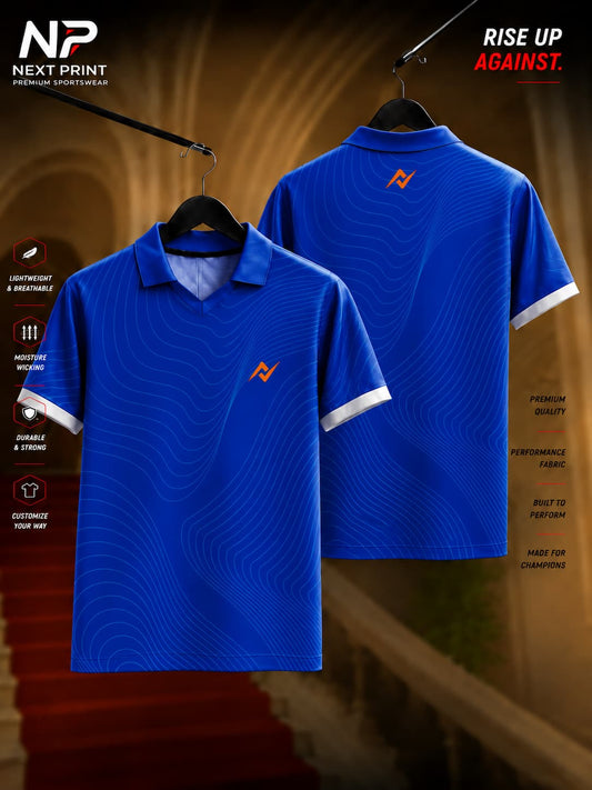 Royal blue polo collar cricket jersey with elegant contour wave graphics and premium dry-fit fabric, front and back view.