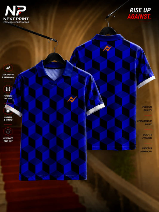 Royal blue geometric cube polo collar sports jersey front and back view by Next Print with breathable dry-fit fabric.