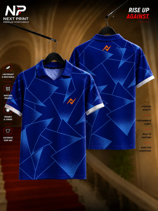 Royal blue geometric pattern polo collar cricket jersey with premium dry-fit fabric by Next Print, front and back view.