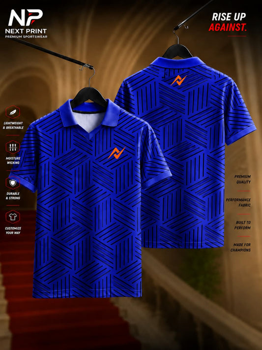 Next Print Royal Blue Geometric Pattern Polo Collar V-Neck Dry-Fit Sports Jersey Front and Back View