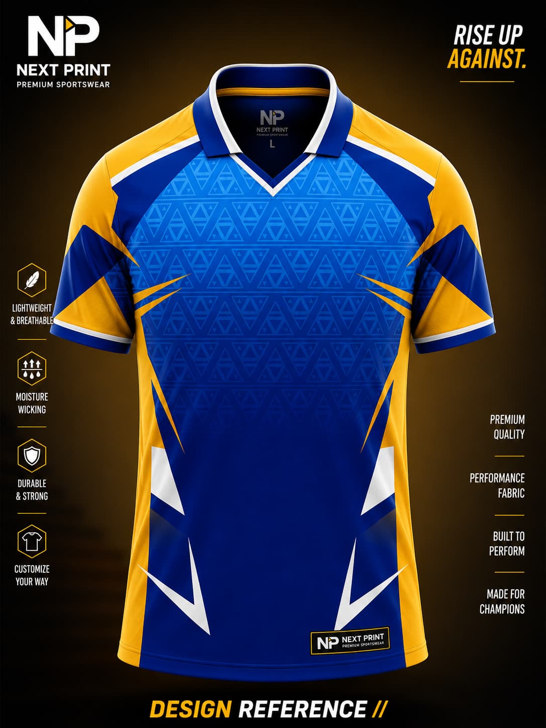Front view of Next Print royal blue and gold performance polo cricket jersey featuring geometric triangle patterns and premium sublimation sportswear.