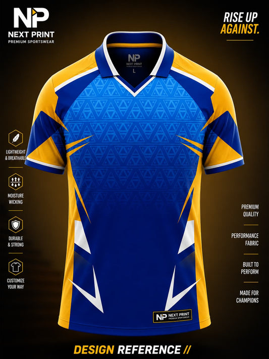 Front view of Next Print royal blue and gold performance polo cricket jersey featuring geometric triangle patterns and premium sublimation sportswear.
