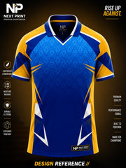 Front view of Next Print royal blue and gold performance polo cricket jersey featuring geometric triangle patterns and premium sublimation sportswear.
