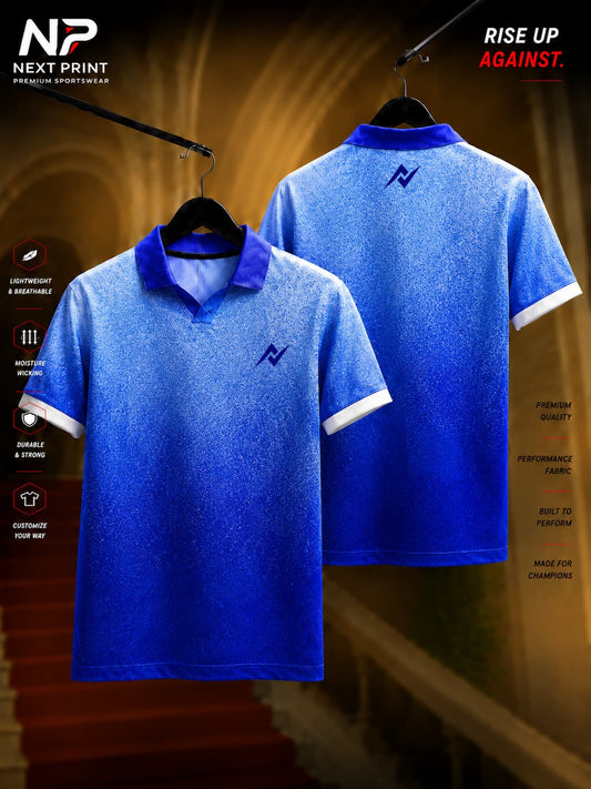 Front and back view of Next Print royal blue gradient textured polo collar sports jersey made with premium breathable dry-fit fabric.