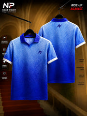Front and back view of Next Print royal blue gradient textured polo collar sports jersey made with premium breathable dry-fit fabric.