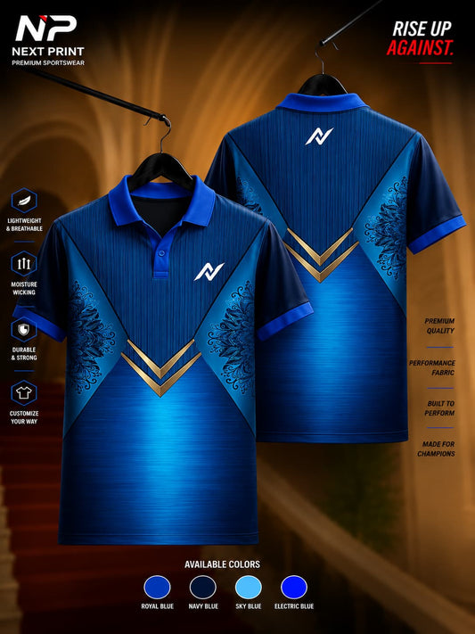 Next Print Royal Blue Heritage Polo Collar Sports Jersey featuring a royal blue gradient, gold V-chevron accents, decorative side artwork, and front and back views.