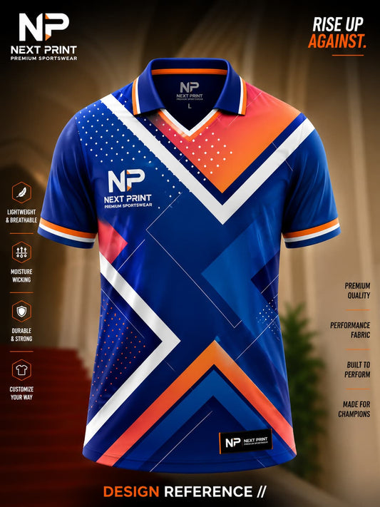 Front view of Next Print royal blue and orange geometric polo cricket jersey with bold chevron graphics and premium sublimation sportswear.