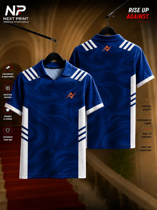 Royal blue polo collar cricket jersey with white shoulder stripes and swirl pattern by Next Print, front and back view.
