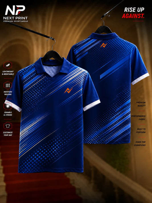 Royal blue polo collar cricket jersey featuring diagonal speed stripe graphics and premium dry-fit fabric, front and back view.
