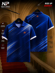 Royal blue polo collar cricket jersey featuring diagonal speed stripe graphics and premium dry-fit fabric, front and back view.