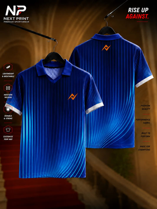 Royal blue polo collar dry-fit sports jersey with modern velocity stripe pattern, front and back view by Next Print.