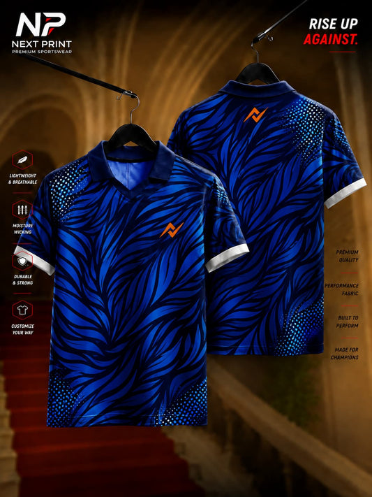 Front and back view of a royal blue wave pattern polo collar sports jersey with premium dry-fit fabric by Next Print.