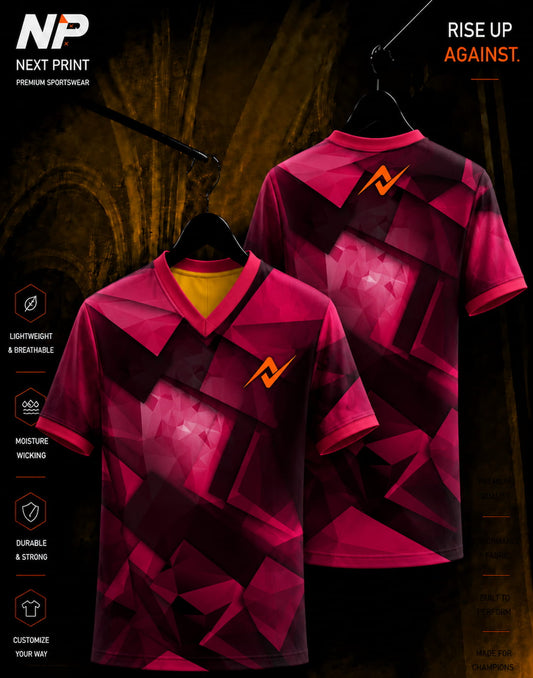 Front and back mockup of the Next Print Ruby Prism Performance V-Neck sports jersey featuring a ruby red geometric polygon sublimation design.