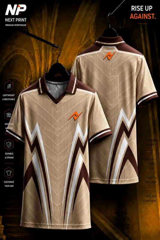 Beige and brown polo cricket jersey featuring bold chevron graphics and textured pattern displayed in front and back views.